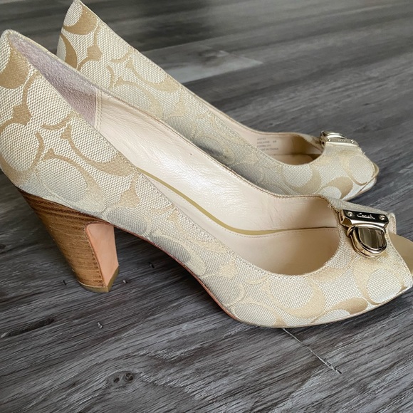 Coach Shoes - Coach Logo Canvas Open Toe Heels Size 8